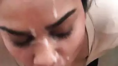 Big boob babe takes thick Indian cum in mouth